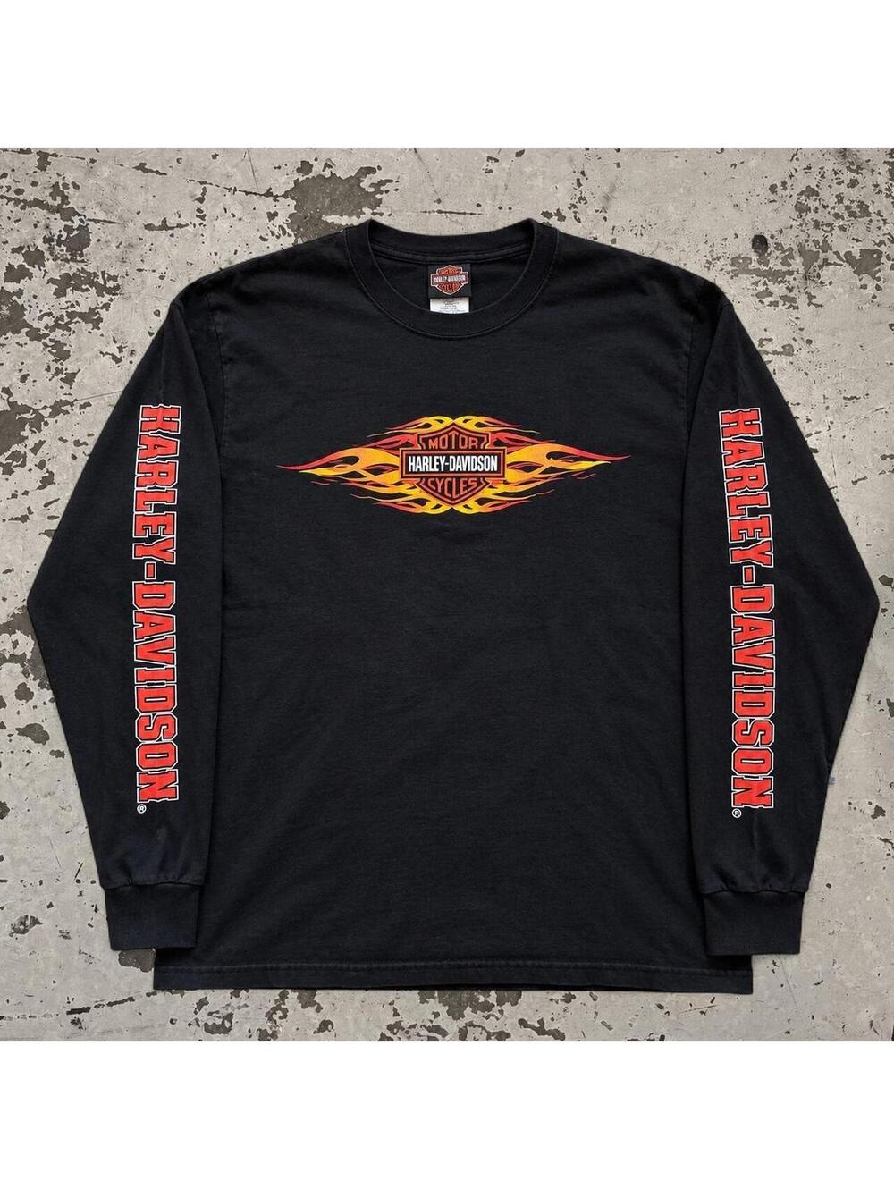 embroidered Y2K Harley Davidson flame tee.